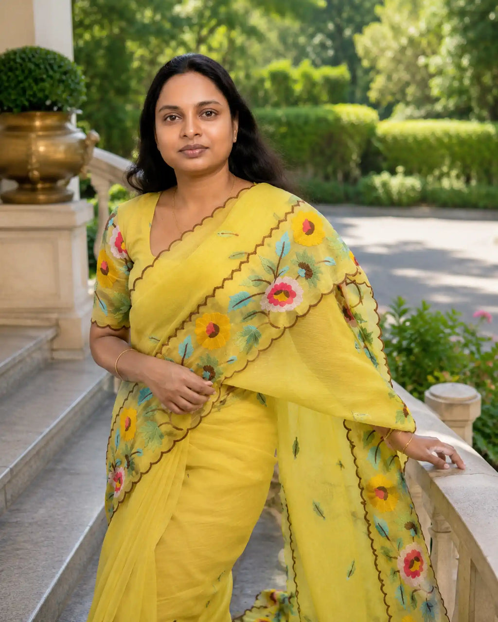 Lemon Yellow Floral Embroidered Organza Partywear Saree - Pallu Detail | Women Fashion India