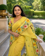 Lemon Yellow Floral Embroidered Organza Partywear Saree - Pallu Detail | Women Fashion India