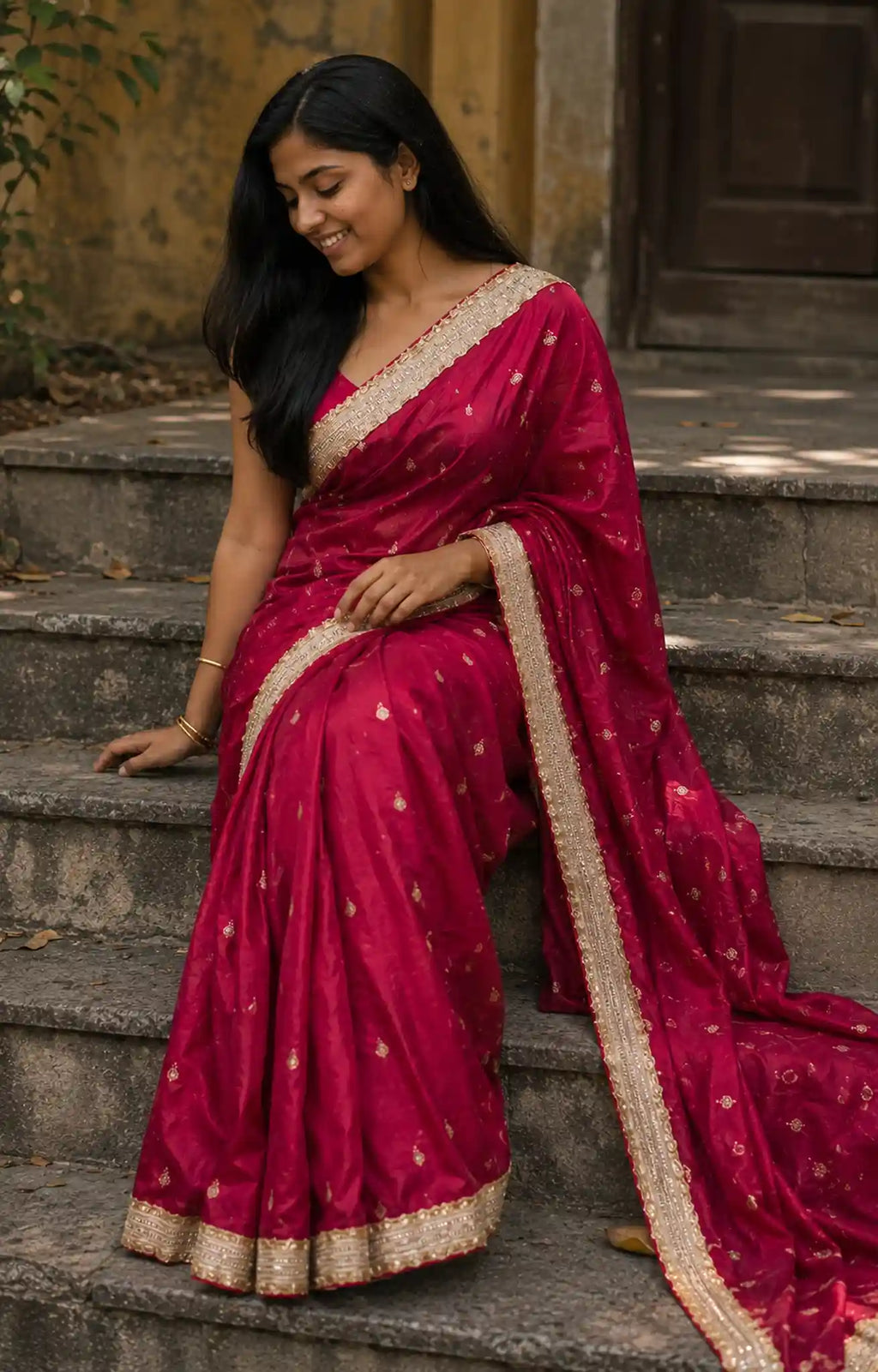 Pink Embroidered Border Saree for Festive Ethnic Wear - Side View | Women Fashion India