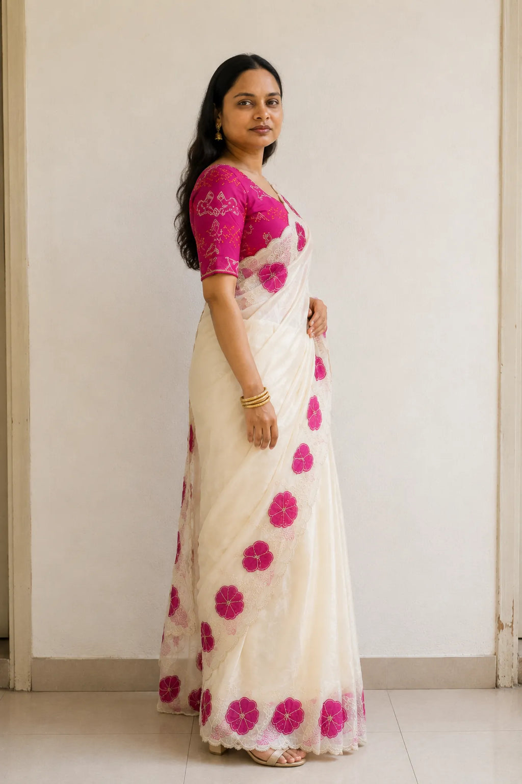 Floral Space Silk Saree with Scallop Border for Festive Wear - Side View | Women Fashion India