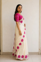 Floral Space Silk Saree with Scallop Border for Festive Wear - Side View | Women Fashion India