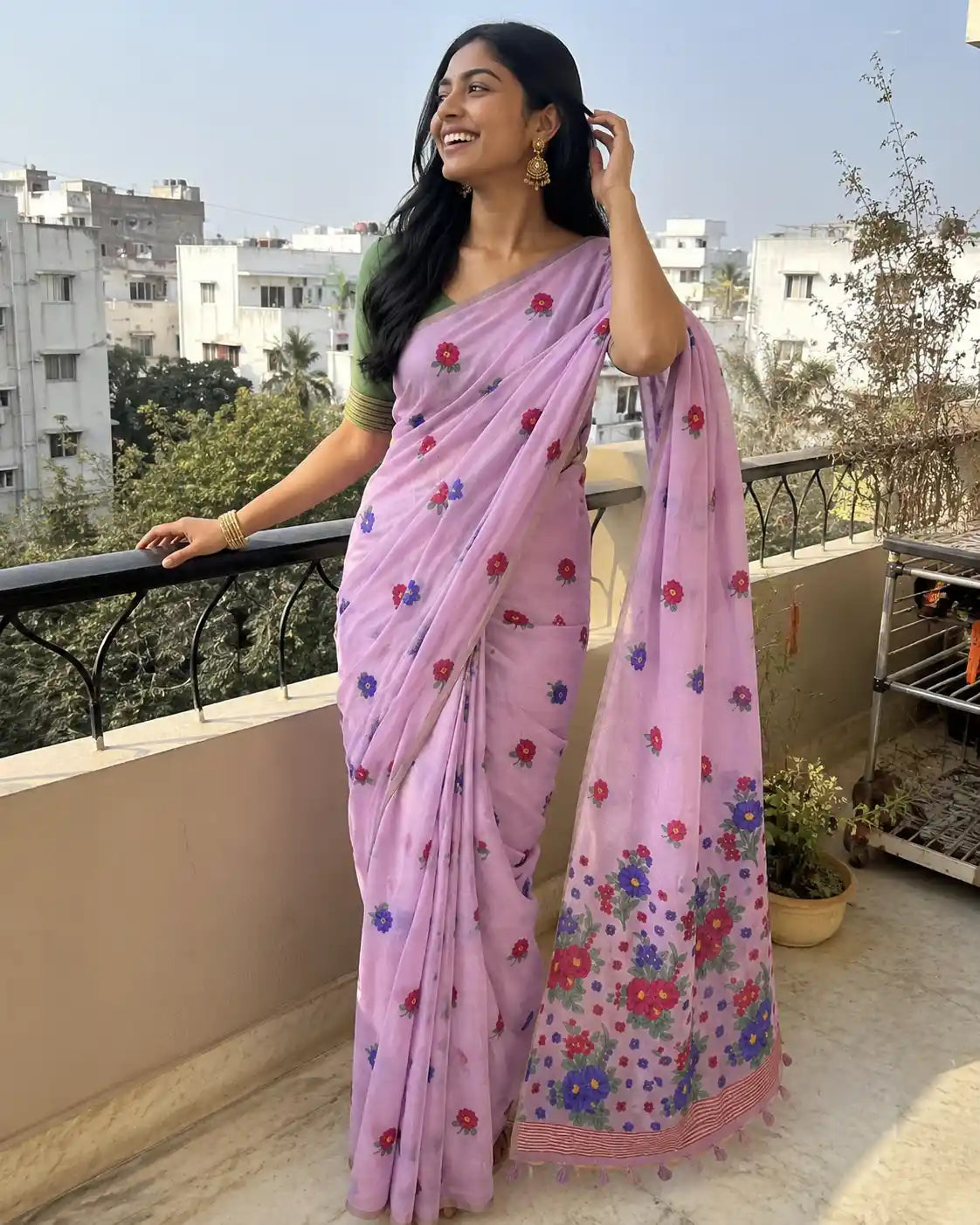 Floral Muga Cotton Jamdani Saree for Festive Ethnic Wear - Pallu View | Women Fashion India