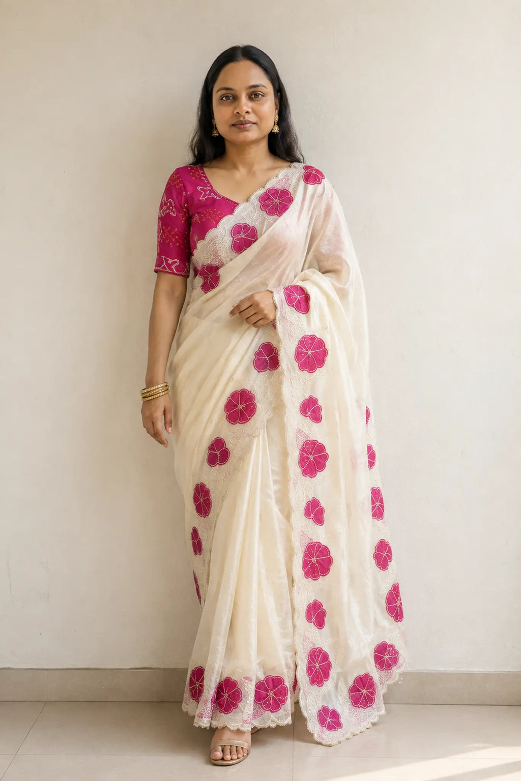 Floral Space Silk Saree with Scallop Border for Festive Wear - Saree Front | Women Fashion India