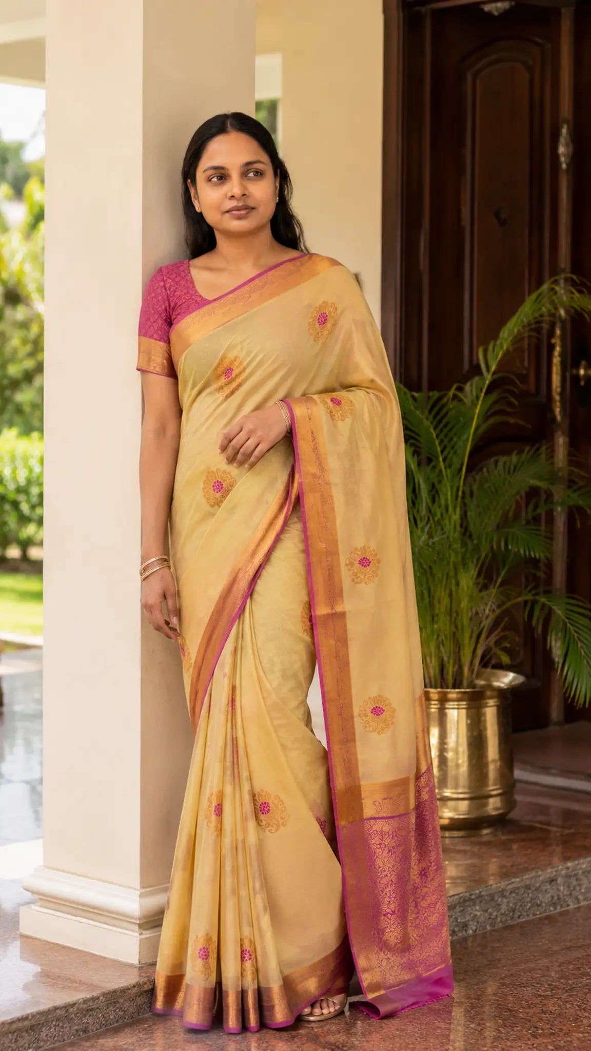 Golden Mustard Soft Silk Saree with Pink Zari Woven Border - Saree Front | Women Fashion India