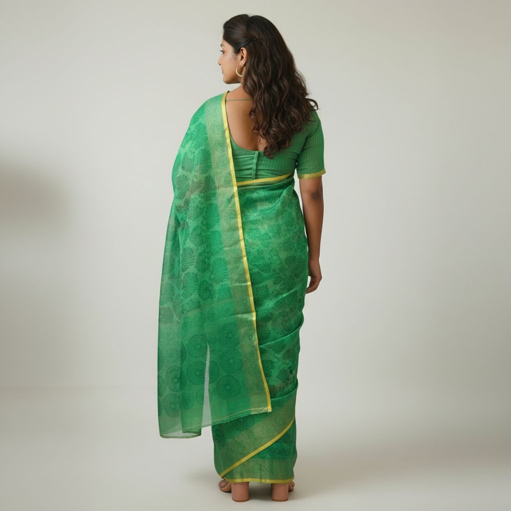 Aira Vanya green floral block print saree back view – TRESSNY