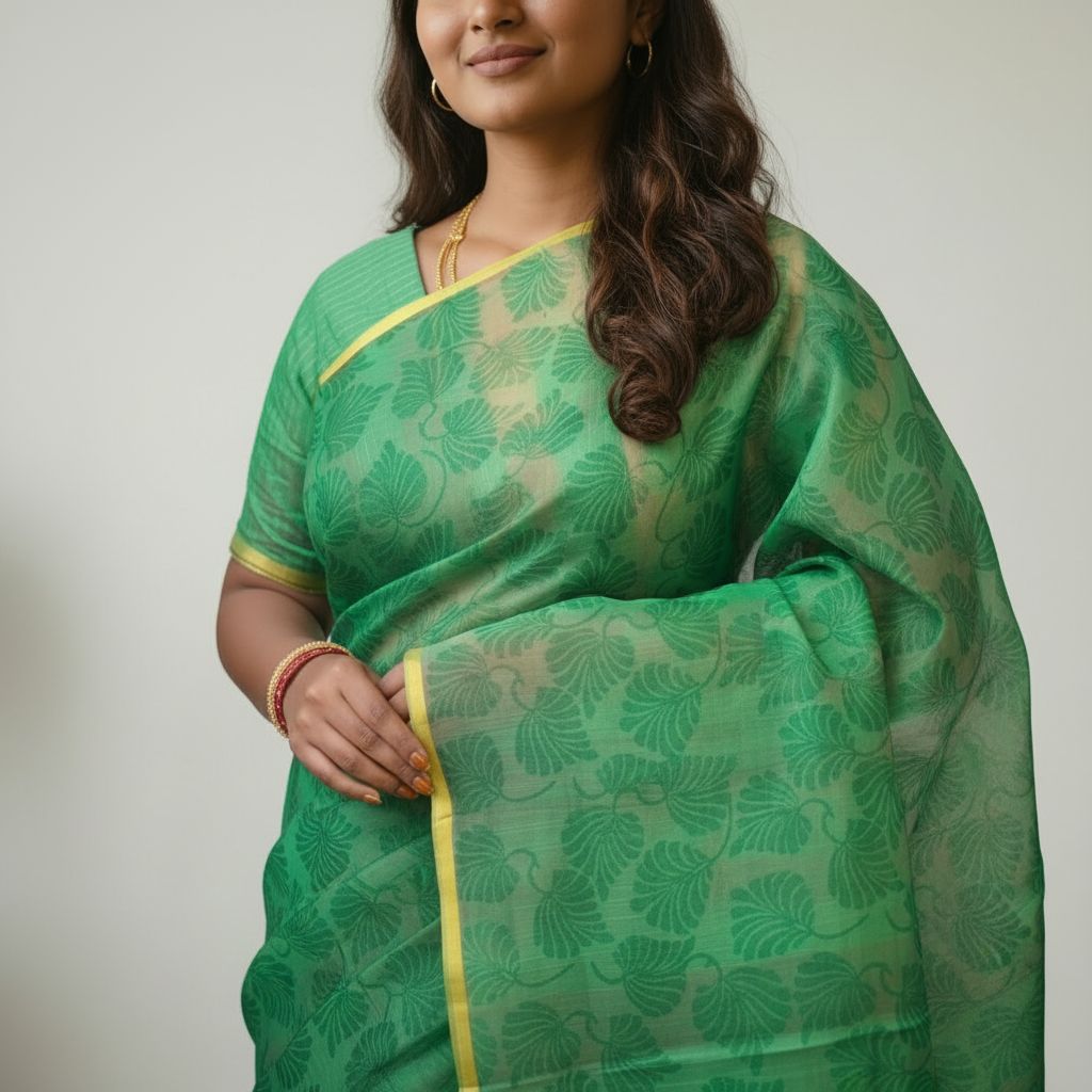 Aira Vanya green floral block print saree close-up detail – TRESSNY