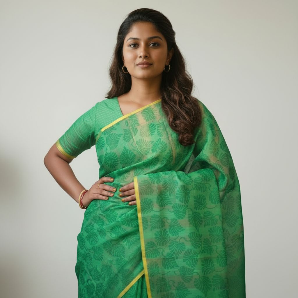 Aira Vanya green floral block print saree front pose – TRESSNY