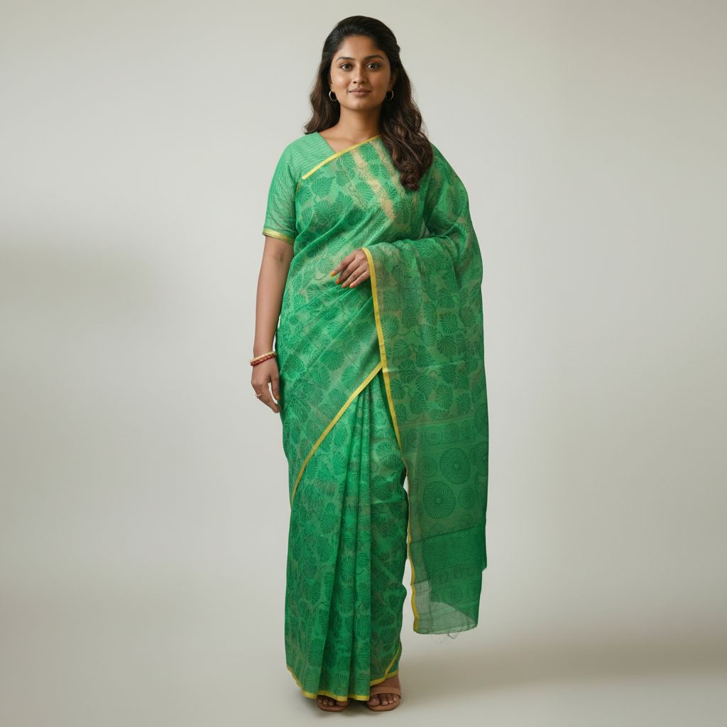 Aira Vanya green floral block print saree front view – TRESSNY