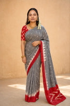 Grey Ikat Mercerised Cotton Handloom Saree with Red Border - Full Drape | Women Fashion India