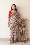 Ivory Kalamkari Print Cotton Saree with Rust Red Blouse - Front Drape | Women Fashion India