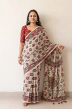 Ivory Kalamkari Print Cotton Saree with Rust Red Blouse - Front Drape | Women Fashion India