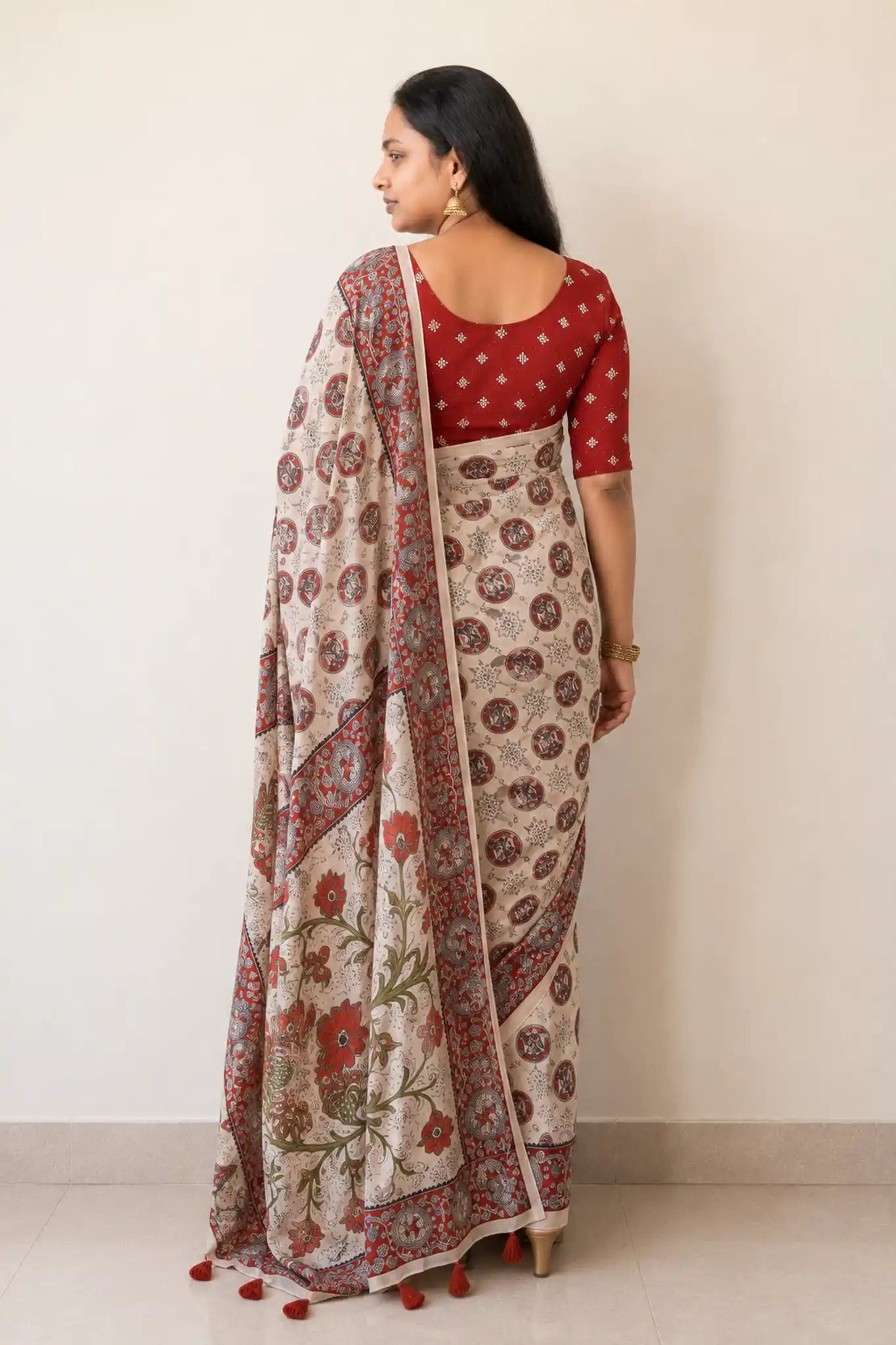 Ivory Kalamkari Print Cotton Saree with Rust Red Blouse - Pallu Detail | Women Fashion India