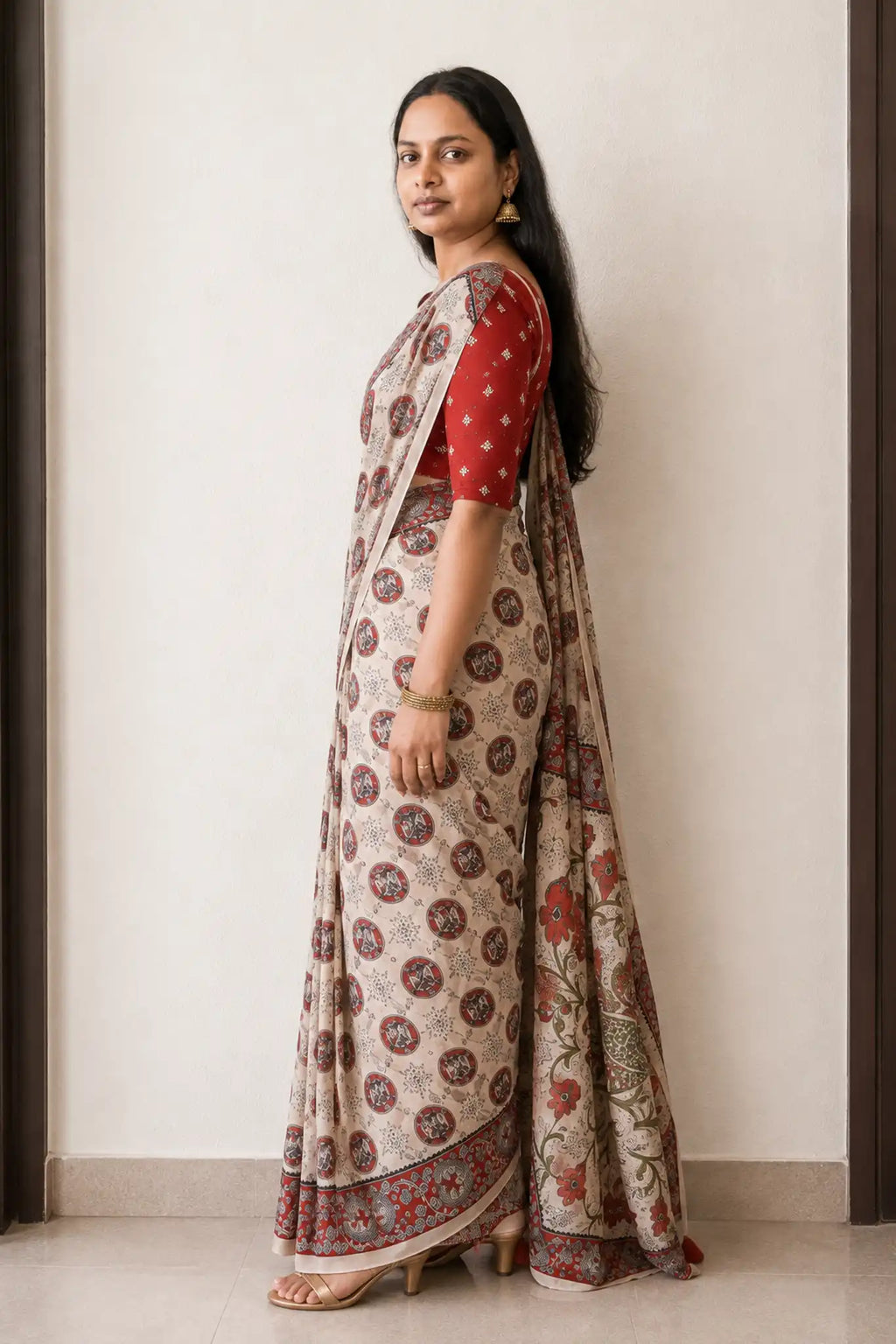 Ivory Kalamkari Print Cotton Saree with Rust Red Blouse - Side View | Women Fashion India
