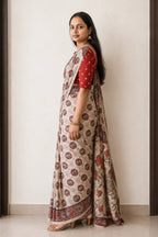 Ivory Kalamkari Print Cotton Saree with Rust Red Blouse - Side View | Women Fashion India