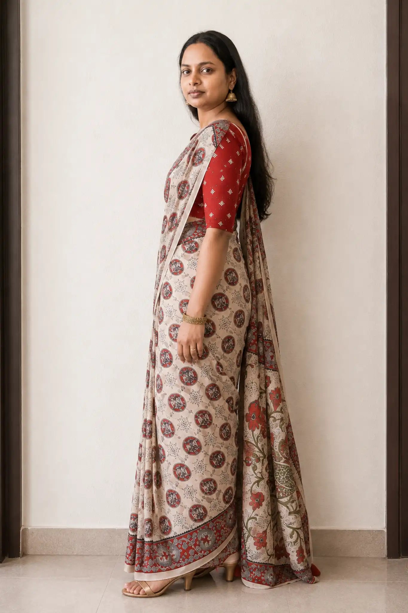Ivory Kalamkari Print Cotton Saree with Rust Red Blouse - Side View | Women Fashion India