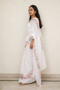 Ivory Linen Saree with Digital Bird and Floral Print - Blouse Detail | Women Fashion India