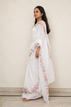 Ivory Linen Saree with Digital Bird and Floral Print - Blouse Detail | Women Fashion India