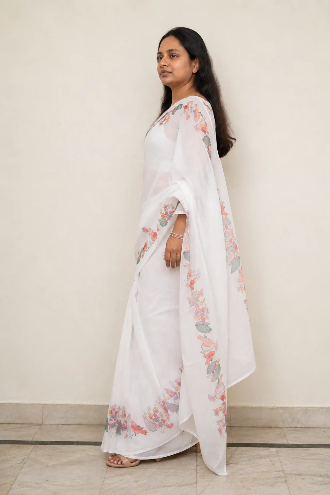 Ivory Linen Saree with Digital Bird and Floral Print - Blouse Detail | Women Fashion India