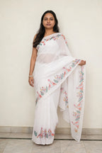Ivory Linen Saree with Digital Bird and Floral Print - Front Drape | Women Fashion India