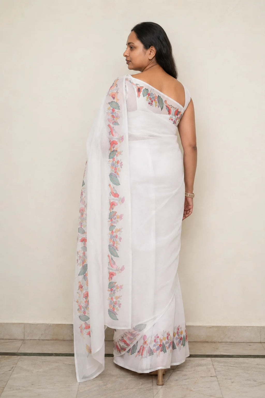 Ivory Linen Saree with Digital Bird and Floral Print - Pallu Detail | Women Fashion India