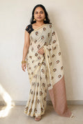 Ivory Printed Linen Saree with Gold Jari Border and Blouse - Front Drape | Women Fashion India
