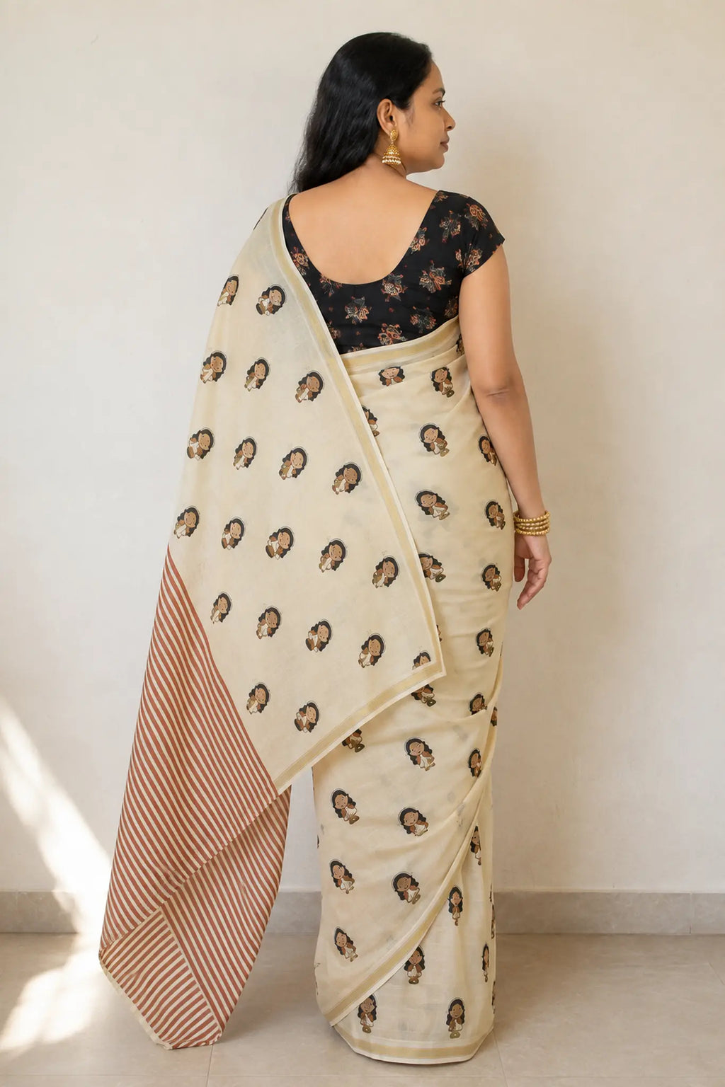 Ivory Printed Linen Saree with Gold Jari Border and Blouse - Pallu Detail | Women Fashion India