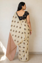 Ivory Printed Linen Saree with Gold Jari Border and Blouse - Pallu Detail | Women Fashion India