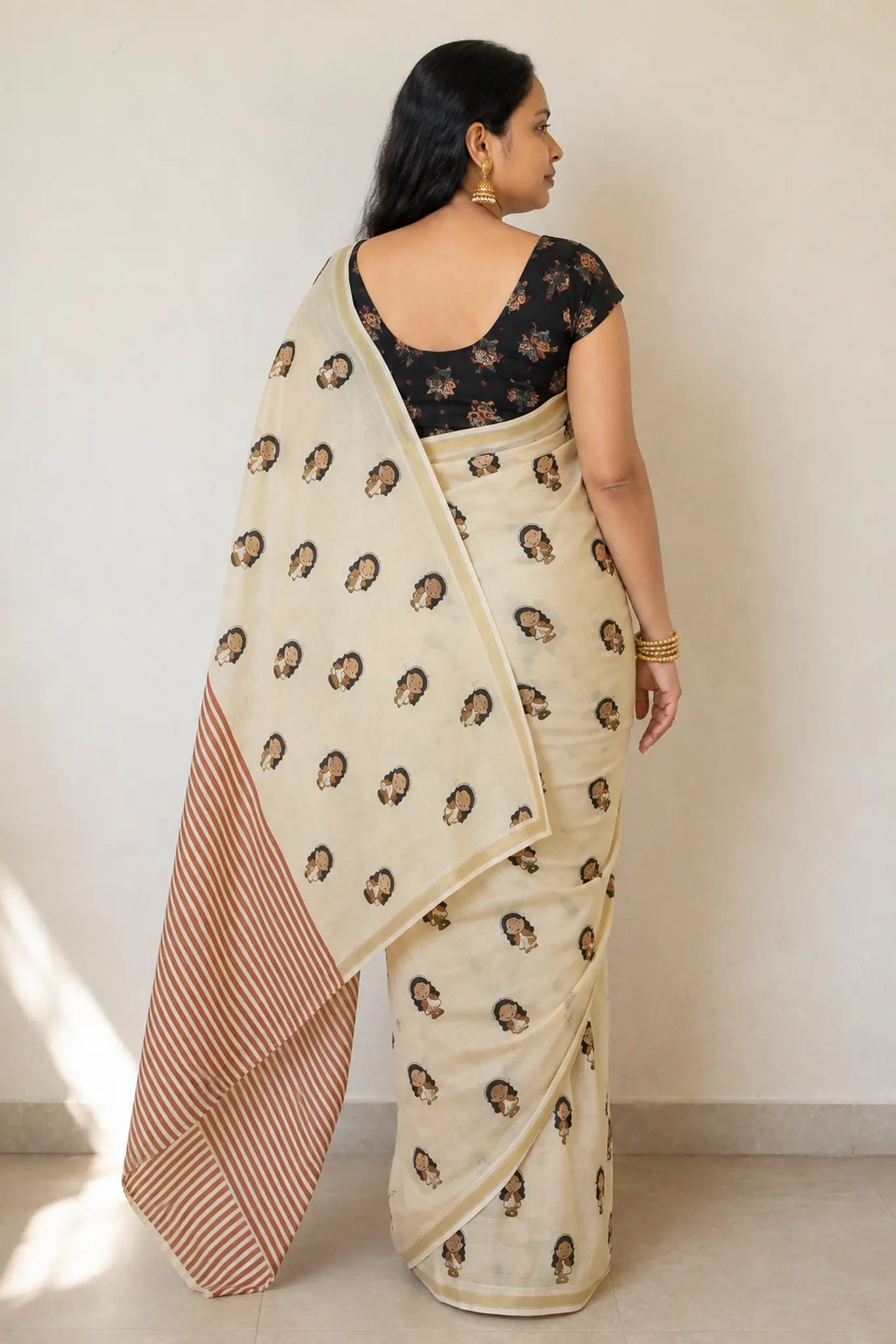 Ivory Printed Linen Saree with Gold Jari Border and Blouse - Pallu Detail | Women Fashion India