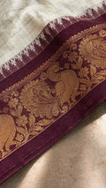 Ivory Silk Saree with Maroon Temple Peacock Zari Border - Border Closeup | Women Fashion India