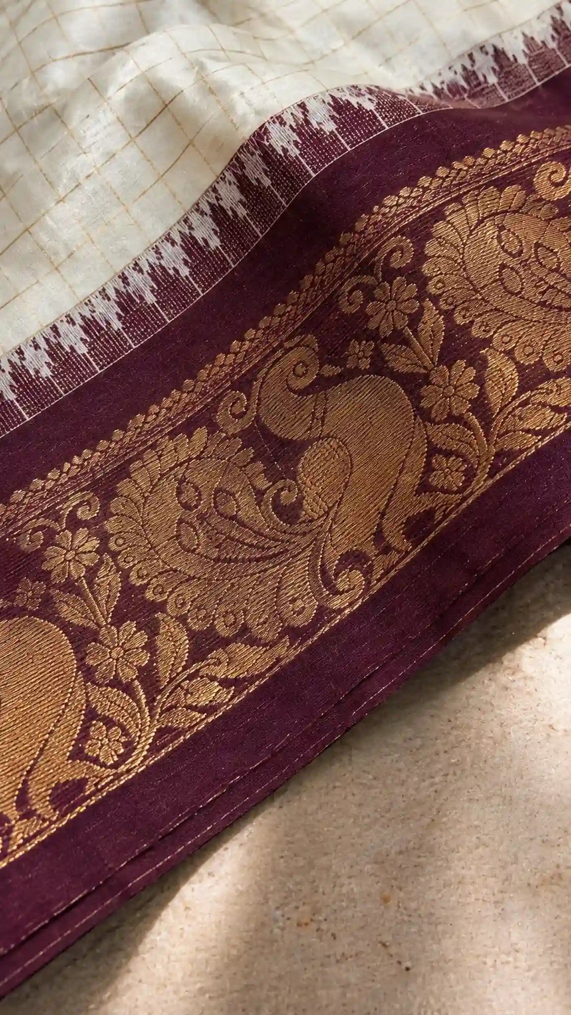 Ivory Silk Saree with Maroon Temple Peacock Zari Border - Border Closeup | Women Fashion India