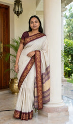 Ivory Silk Saree with Maroon Temple Peacock Zari Border - Full Drape | Women Fashion India