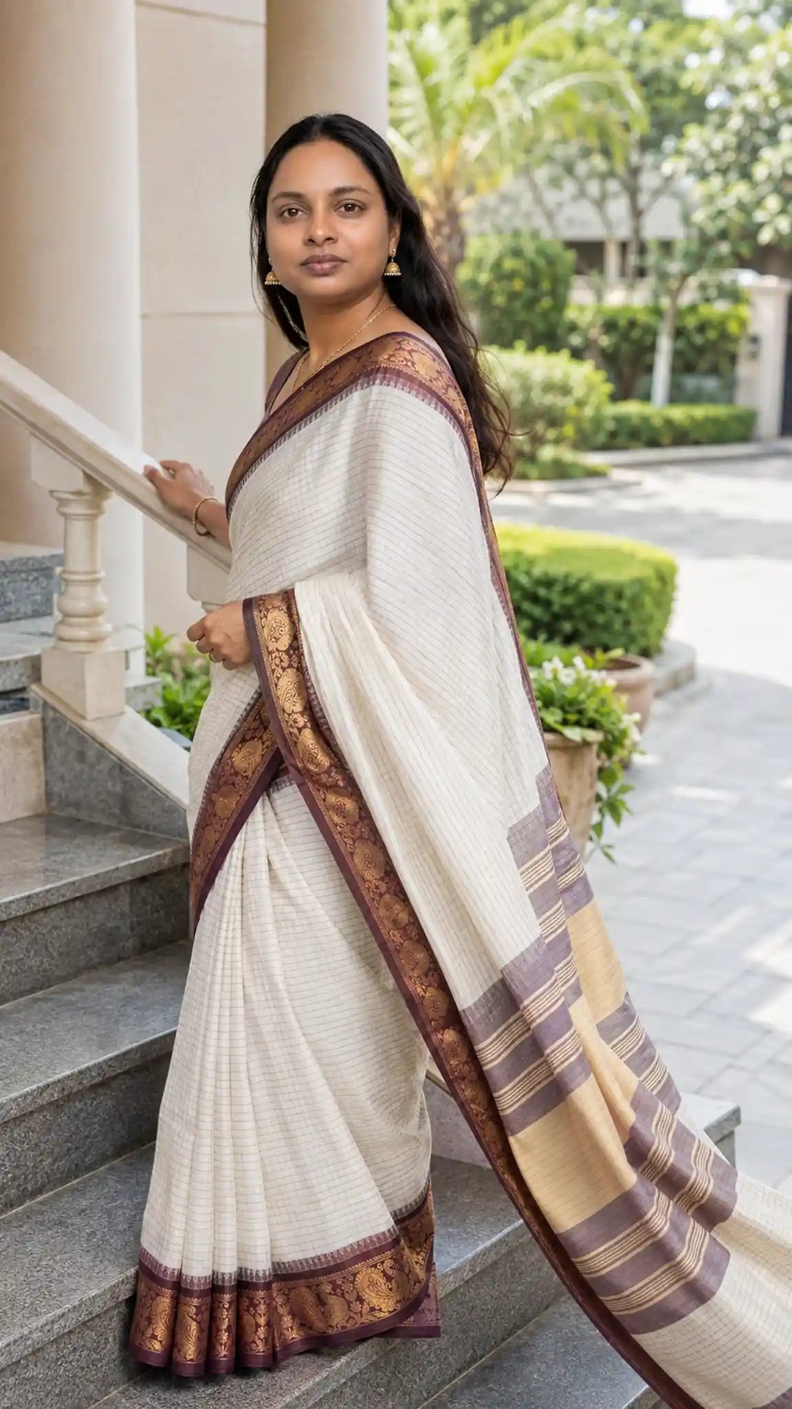 Ivory Silk Saree with Maroon Temple Peacock Zari Border - Pallu Detail | Women Fashion India