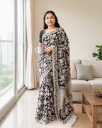 Black Kalamkari Printed Mul Mul Cotton Saree with Blouse - Draped Front | Women Fashion India