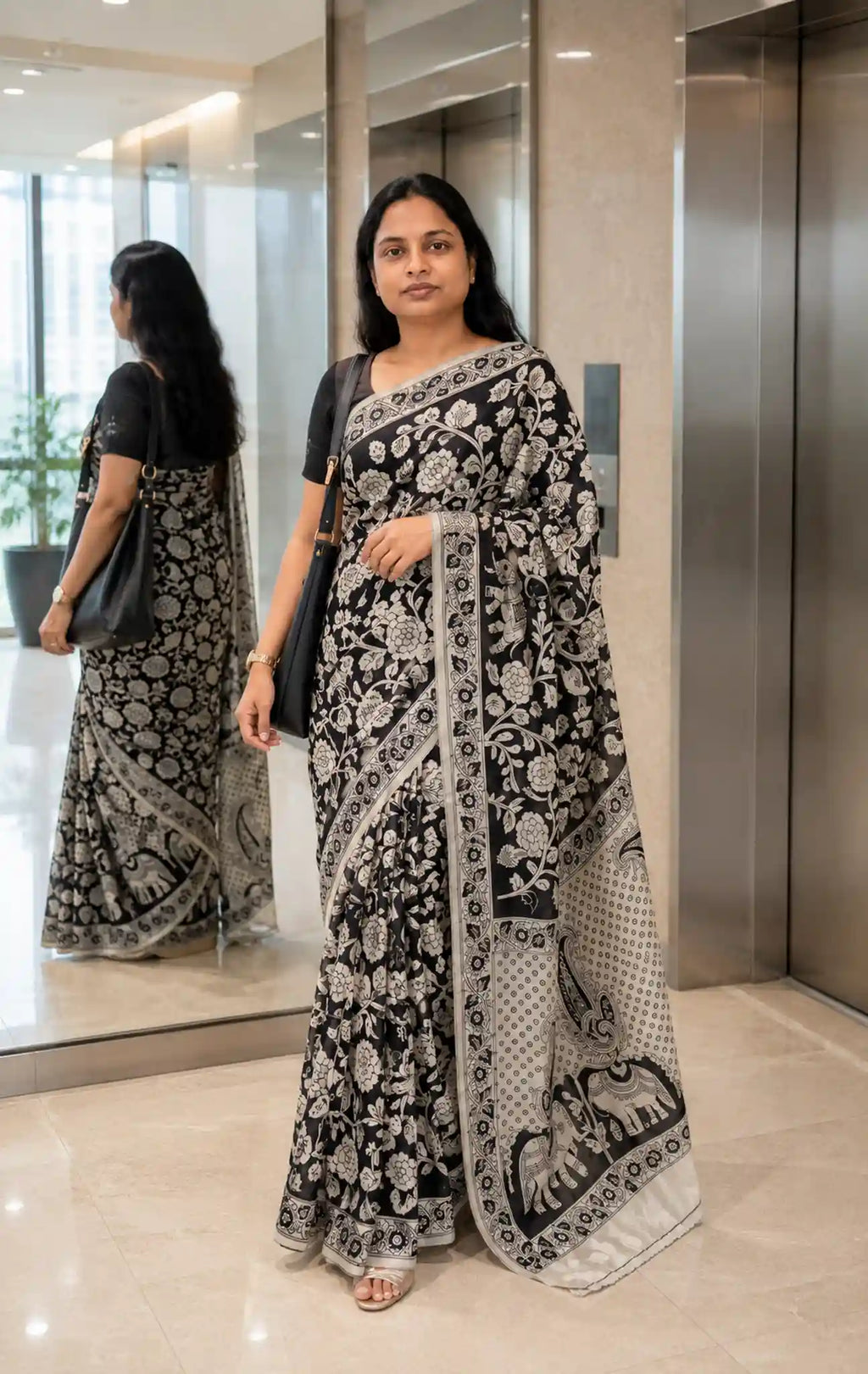 Black Kalamkari Printed Mul Mul Cotton Saree with Blouse - Flat Lay | Women Fashion India