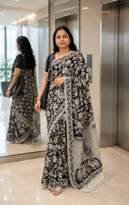 Black Kalamkari Printed Mul Mul Cotton Saree with Blouse - Flat Lay | Women Fashion India