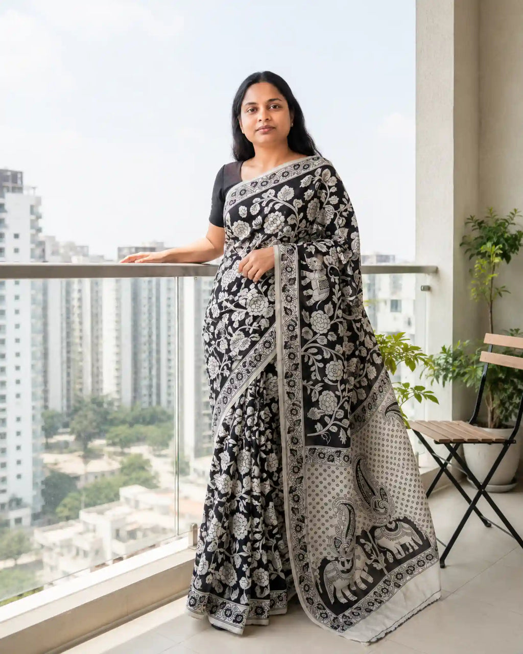 Black Kalamkari Printed Mul Mul Cotton Saree with Blouse - Pallu Detail | Women Fashion India