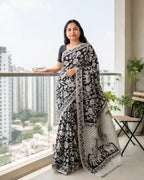 Black Kalamkari Printed Mul Mul Cotton Saree with Blouse - Pallu Detail | Women Fashion India