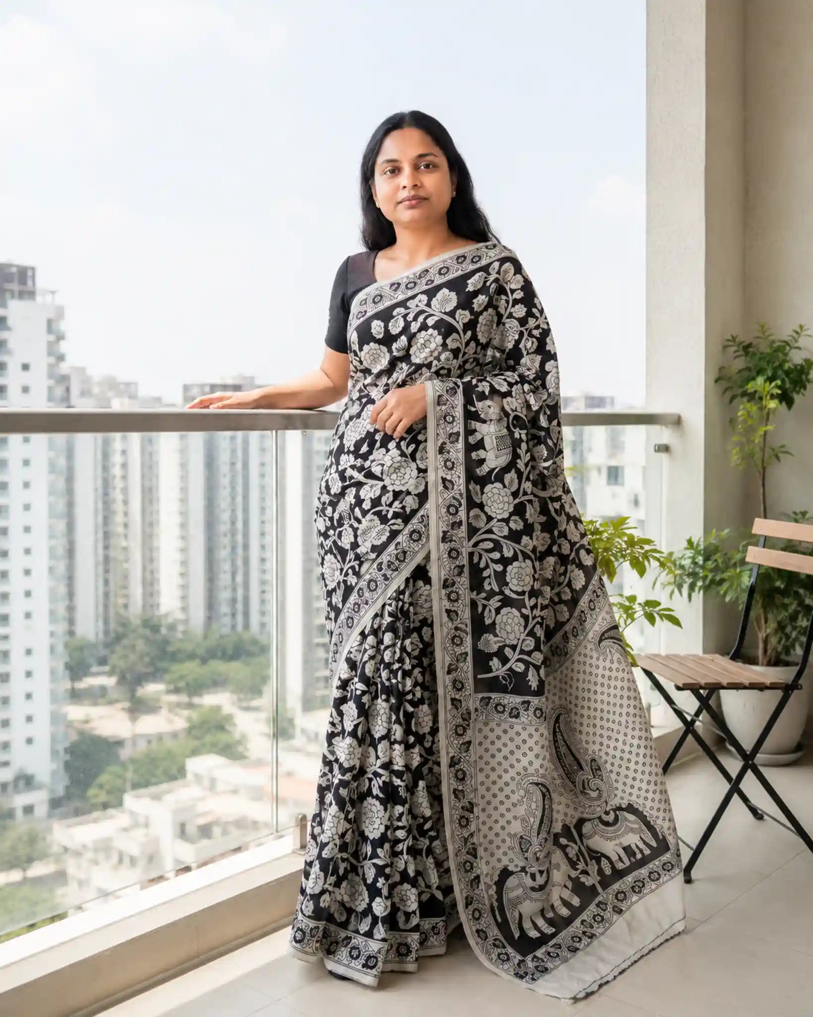 Black Kalamkari Printed Mul Mul Cotton Saree with Blouse - Pallu Detail | Women Fashion India