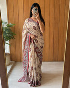 Linen Kalamkari Print Saree for Ethnic & Festive Wear - Front View | Women Fashion India