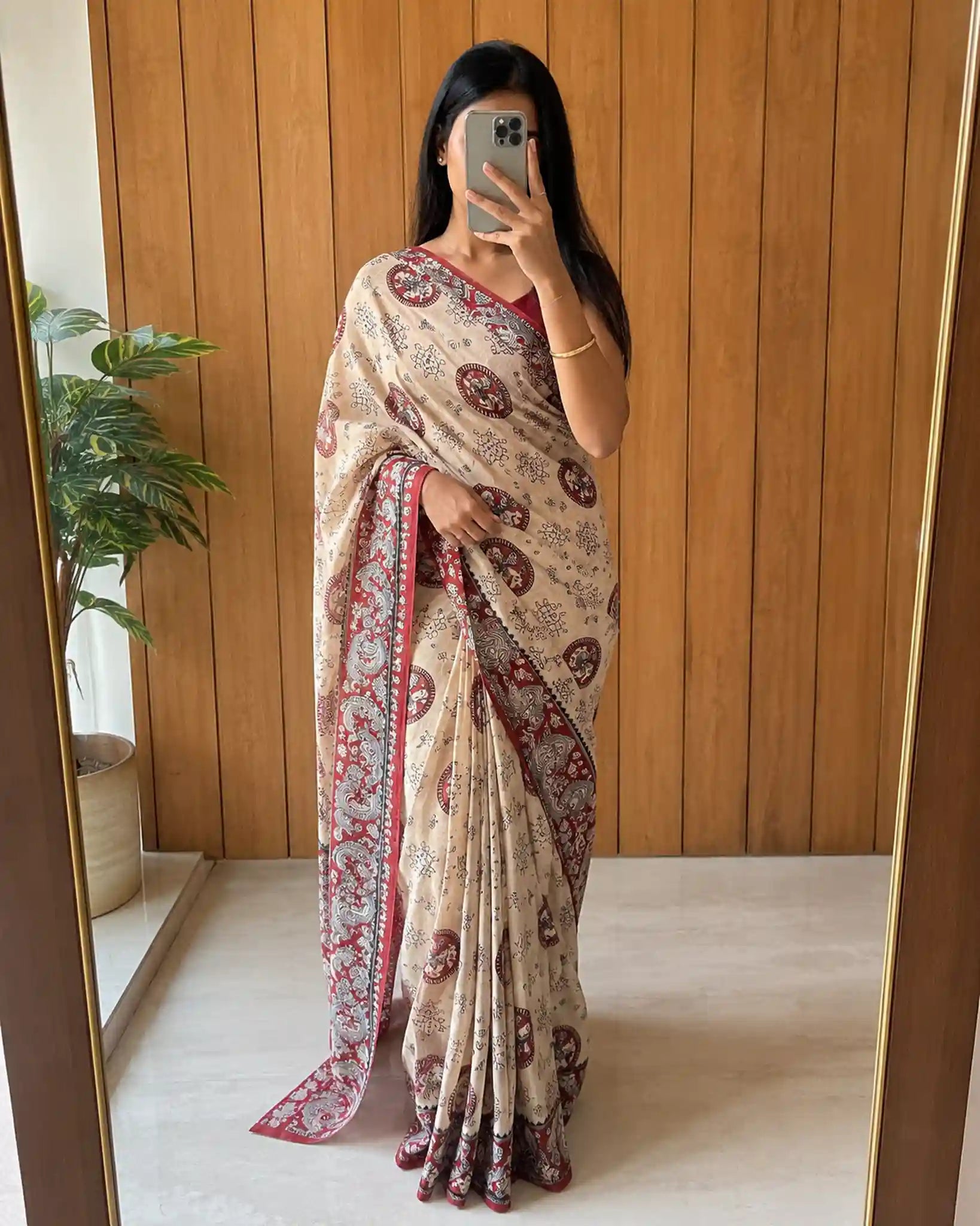 Linen Kalamkari Print Saree for Ethnic & Festive Wear - Front View | Women Fashion India