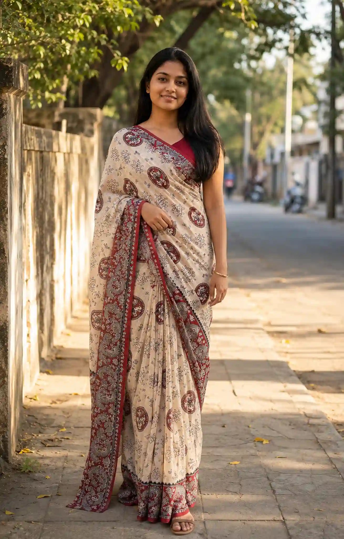 Linen Kalamkari Print Saree for Ethnic & Festive Wear - Side View | Women Fashion India