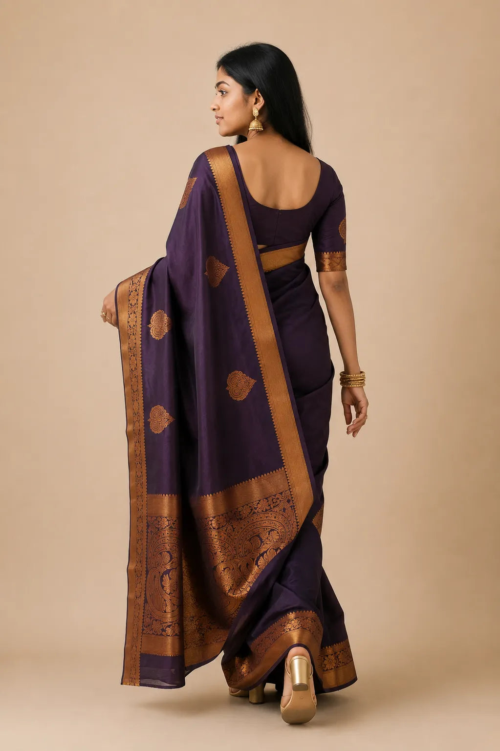 KANCHIPURAM HANDLOOM SOFT SILK SAREE - Back View | Women Fashion India