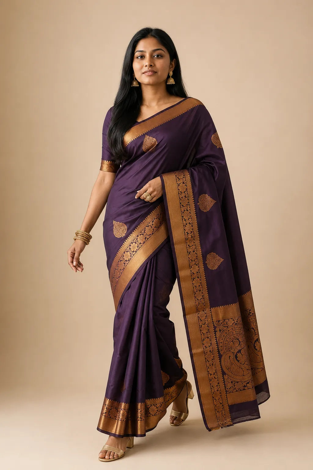 KANCHIPURAM HANDLOOM SOFT SILK SAREE - Front View | Women Fashion India