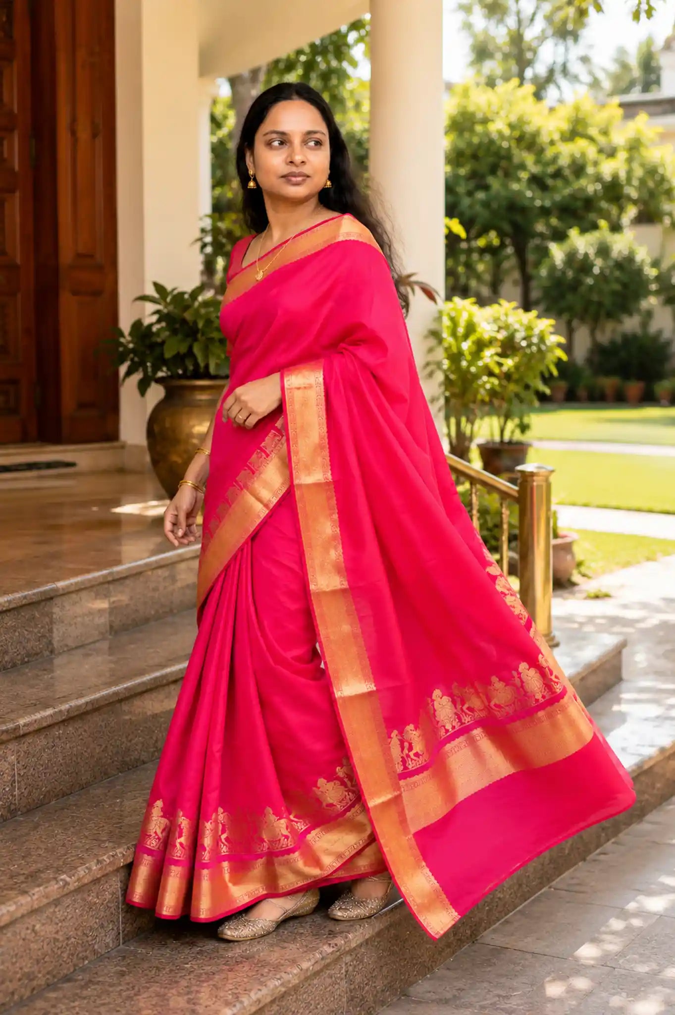 Kanchipuram Soft Silk Saree with Gold Zari Temple Border - Border Detail | Women Fashion India
