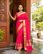 Kanchipuram Soft Silk Saree with Gold Zari Temple Border - Full Drape | Women Fashion India