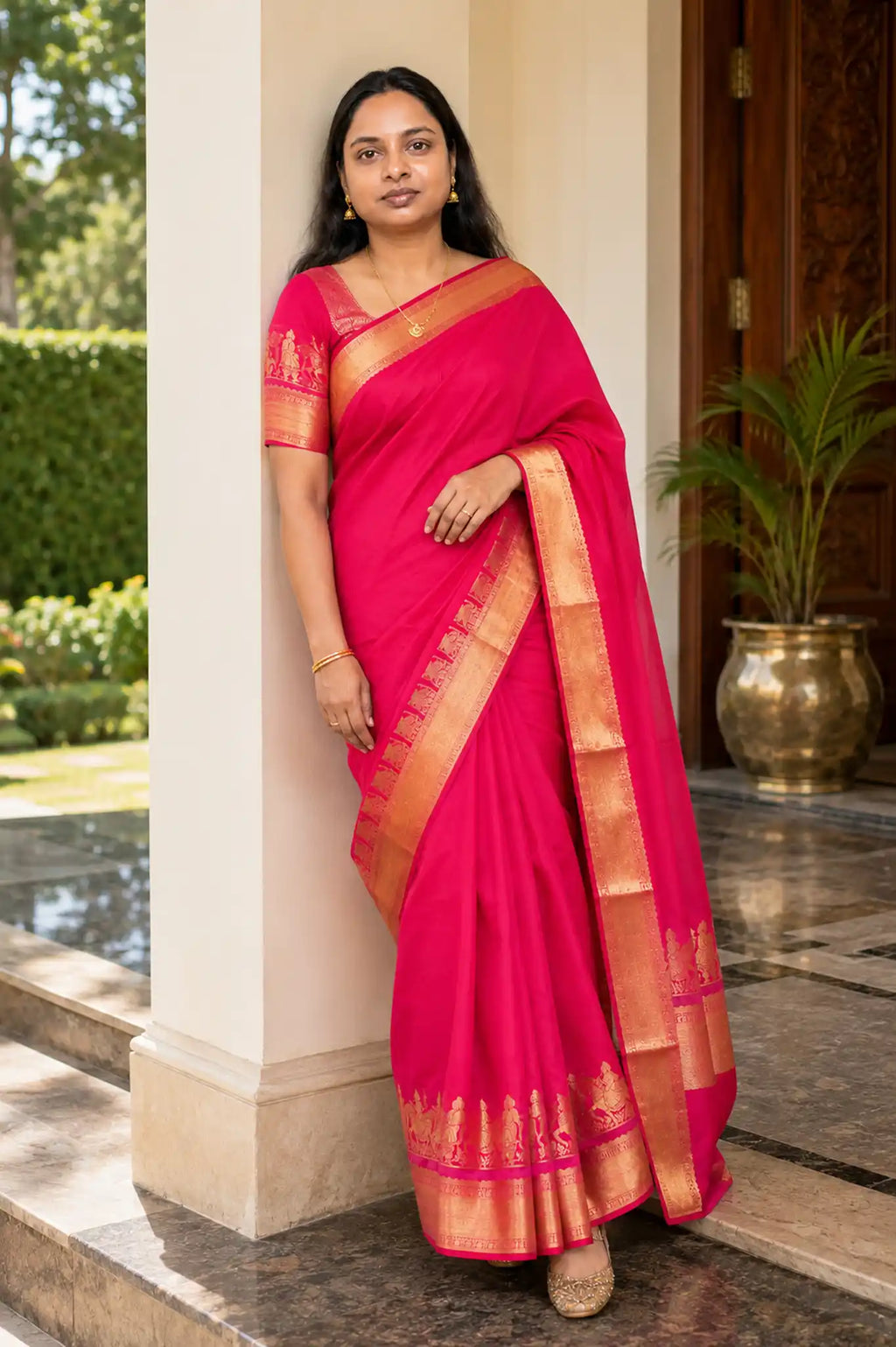 Kanchipuram Soft Silk Saree with Gold Zari Temple Border - Pallu Detail | Women Fashion India