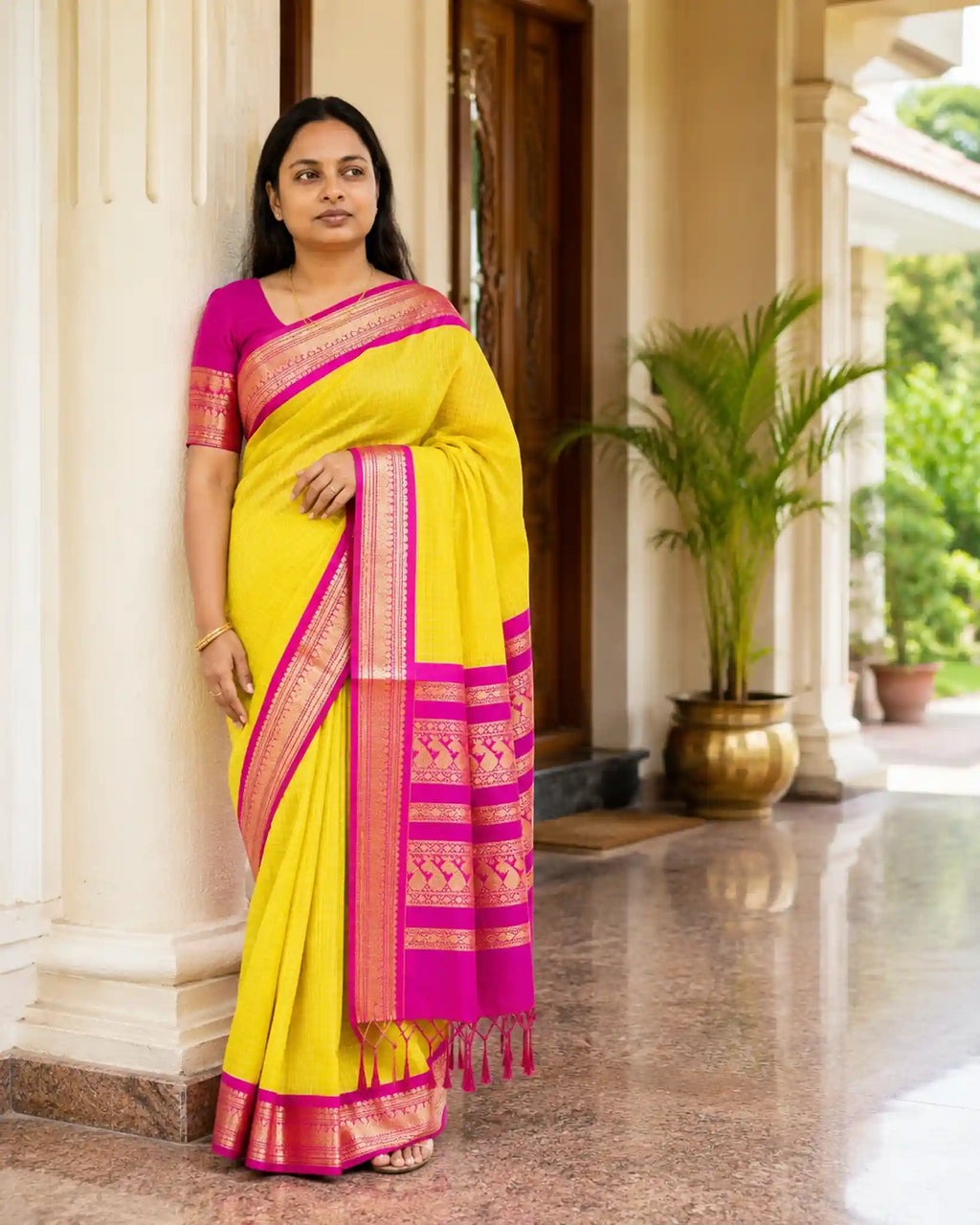 Korvai Checked Handloom Cotton Saree with Zari Border - Full Drape | Women Fashion India
