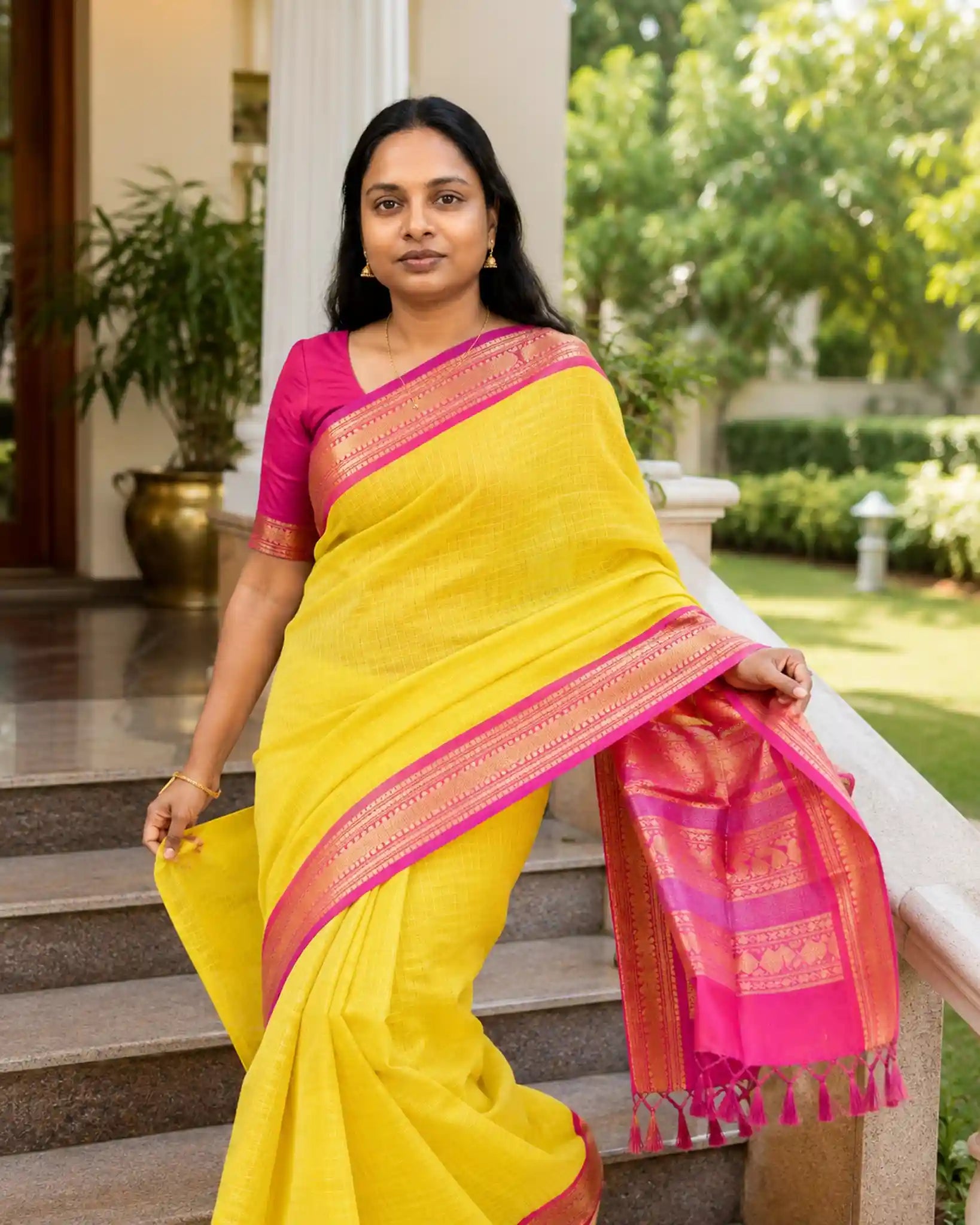 Korvai Checked Handloom Cotton Saree with Zari Border - Pallu Detail | Women Fashion India