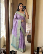 Lilac Soft Silk Saree with Contrast Blue Zari Pallu - Saree Flatlay | Women Fashion India