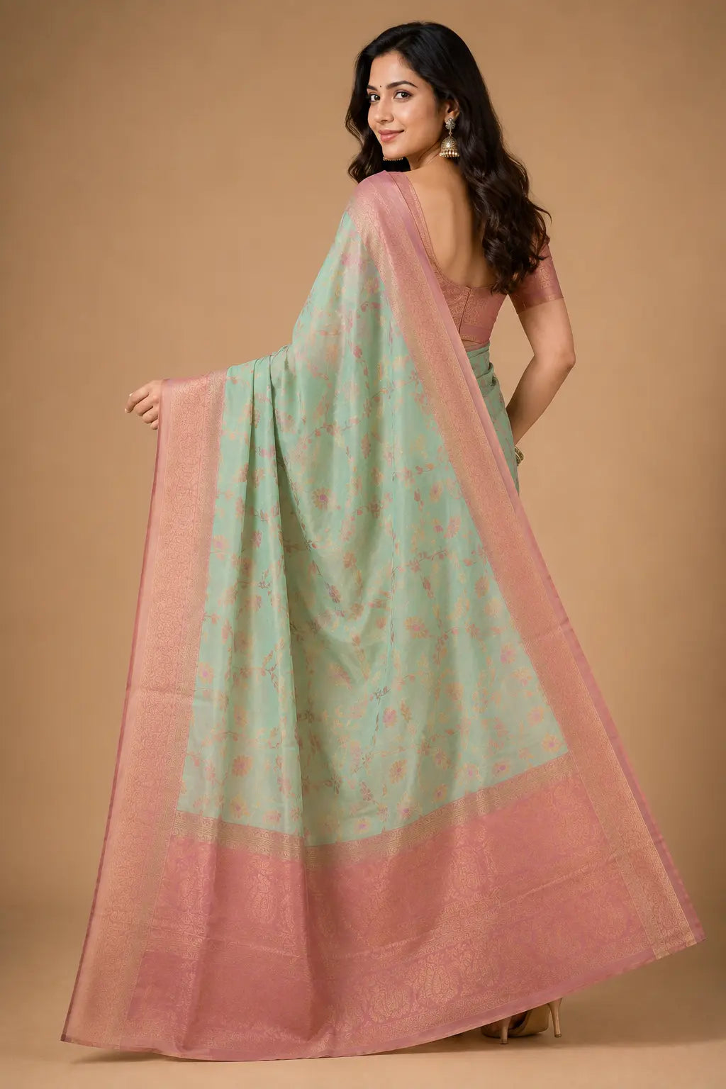 Kupera korvai bridal silk saree mint green back view – TRESSNY
